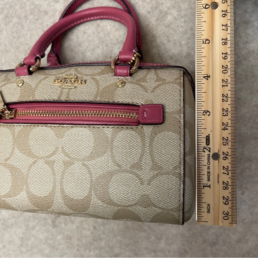 Coach Mini Rowan Signature Tan Canvas Pink Rogue Leather Trim Crossbody Bag - Picture 16 of 17